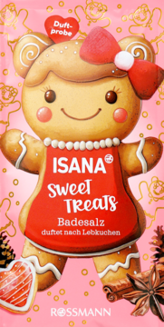 Różowa saszetka ISANA Sweet Treats Badesalz z wizerunkiem piernikowej dziewczynki i zapachem piernika.