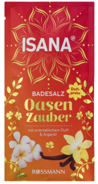 Czerwono-złota saszetka Isana Oasen Zauber soli do kąpieli z orientalnym zapachem i arganem, zdobiona kwiatami. Widok z przodu.