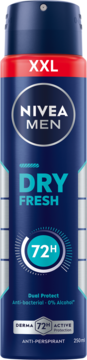 Granatowy antyperspirant w sprayu NIVEA MEN Dry Fresh XXL, 72h ochrona, białe napisy, widok z przodu.