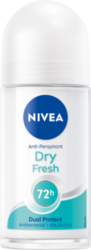 NIVEA Dry Fresh 72h antyperspirant w białej kulce, widok z przodu, z niebieskim logo i napisem Dual Protect.