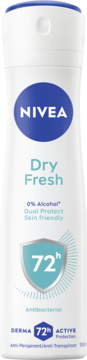 Biały antyperspirant NIVEA Dry Fresh spray 72h z ochroną antybakteryjną, widok z przodu.