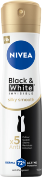 Antyperspirant NIVEA Black & White Invisible Silky Smooth w białej butelce z czarnym dołem i złotą zakrętką, widok z przodu.