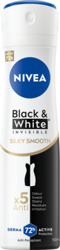 Antyperspirant NIVEA Black & White Invisible Silky Smooth 72h w sprayu, biało-czarna butelka, widok z przodu.