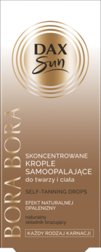 Front brązowo-złotego kartonika Dax Sun Bora Bora krople samoopalające, z logo i pionowym napisem.