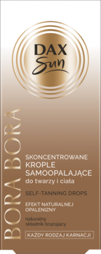 Front brązowo-złotego kartonika Dax Sun Bora Bora krople samoopalające, z logo i pionowym napisem.
