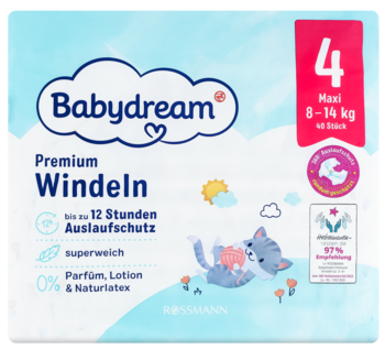 Pieluszki Babydream Premium rozm. 4 Maxi (8-14kg), błękitne opakowanie z kotkiem, supermiękkie, 12h ochrony.