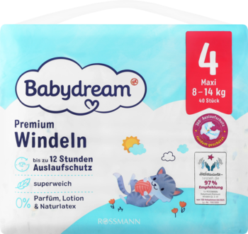 Opakowanie pieluszek Babydream Premium Maxi 8-14 kg, niebieskie z kotkiem i napisem 'do 12 godzin ochrony', widok z przodu.