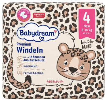 Opakowanie pieluszek Babydream Premium Maxi 4 (8-14 kg) w cętki lamparta, z rysunkowym tygrysem i napisem.