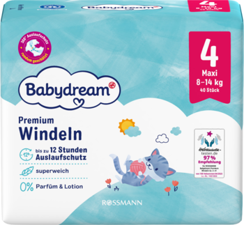 Opakowanie pieluszek Babydream Premium Windeln Maxi 4 (8-14kg), błękitne z kotkiem, ochrona 12h, bez perfum.