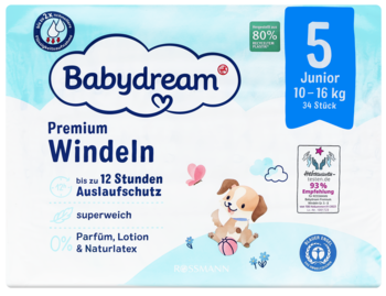 Niebiesko-białe opakowanie pieluszek Babydream Premium Junior 5 (10-16kg), do 12h ochrony, bez perfum i lateksu.