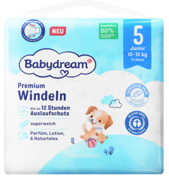Pieluszki BabyDream Premium Junior 10-16 kg, biało-niebieskie opakowanie z pieskiem, bez zapachu, widok z przodu.