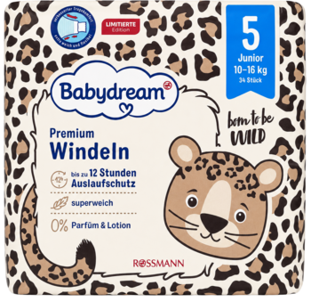 Opakowanie pieluszek Babydream Premium Junior 5 (10-16 kg), wzór w panterkę, widok z przodu z grafiką lamparta.