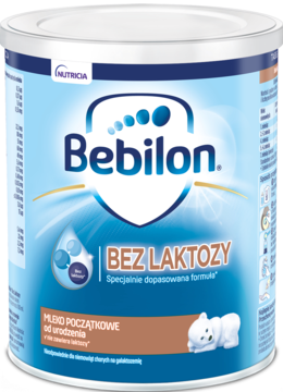 Puszka Bebilon Bez Laktozy, mleko początkowe, w białym opakowaniu z niebieskimi detalami, widok z przodu.