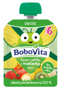 BOBOVITA ,deserek w tubce, Banan i Jabłko z truskawką i kiwi, 6m+,przód