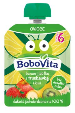 Zielono-żółta tubka BoboVita, banan, jabłko, truskawka i kiwi. Z uśmiechniętym zielonym robakiem, widok z przodu.