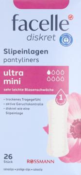 Opakowanie wkładek Facelle diskret ultra mini, 26 sztuk, do lekkiego nietrzymania moczu, z widoczną wkładką.