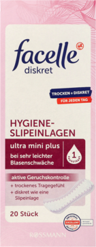 Biało-różowe opakowanie facelle diskret ultra mini plus, 20 szt., wkładki na lekkie nietrzymanie moczu, widok z przodu.