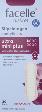 Wkładki Facelle diskret ultra mini plus 20 szt. na bardzo lekkie nietrzymanie moczu, niebieskie opakowanie z przodu.