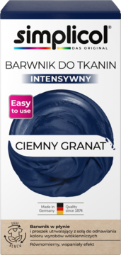 Simplicol barwnik do tkanin w płynie, intensywny ciemny granat, na białym opakowaniu, widok z przodu.