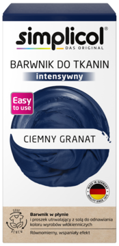 Simplicol Intensywny Barwnik do Tkanin Ciemny Granat w białym pudełku, widok z przodu, z napisem Easy to use.