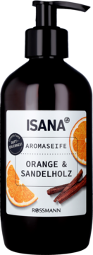 ISANA mydło w płynie Orange & Sandelholz, brązowa butelka z czarną pompką, widok z przodu. Etykieta z pomarańczą.