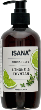 Płynne mydło ISANA Limonka & Tymianek w ciemnej butelce z pompką, zbliżenie na etykietę z owocami.
