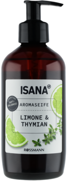 Isana Aromatic Soap Limone & Thymian, amber bottle with black pump, frontal view, lime and thyme on label.