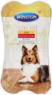 Winston DELUXE karma dla psów z kurczakiem i sercami, złota saszetka z psem collie na froncie, widok z przodu.