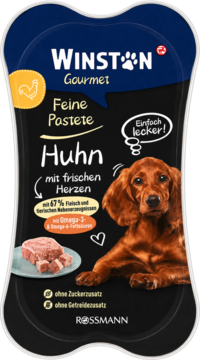 Winston Gourmet, karma dla psa, pasztet z kurczakiem i sercami, bez zbóż, ciemnoniebiesko-czarna saszetka, widok z przodu.