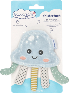 Babydream Knistertuch: niebieska pluszowa chmurka z uśmiechem i mackami, w opakowaniu detalicznym. Sensoryczna zabawka.