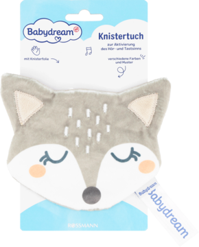 Przytulanka szeleszcząca Babydream w kształcie szarego lisa, z zamkniętymi oczami, na opakowaniu.