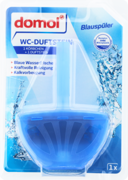 Domoi WC-DUFTSTEIN Blauspüler, niebieski wkład do WC w kształcie łódki, przezroczyste opakowanie, widok przód.