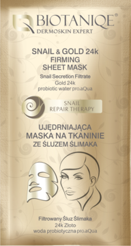 Złota saszetka maski Biotaniqe Snail & Gold 24k Firming Sheet Mask z grafiką maski i twarzy.