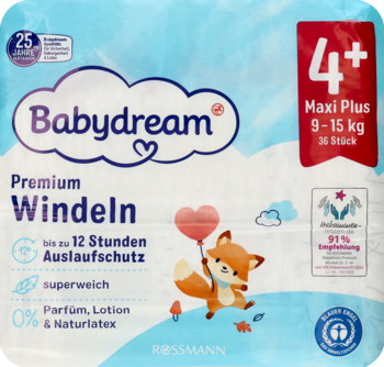 Front opakowania pieluszek Babydream Premium Maxi Plus 9-15 kg, niebieskie, 12h ochrony, bez perfum.