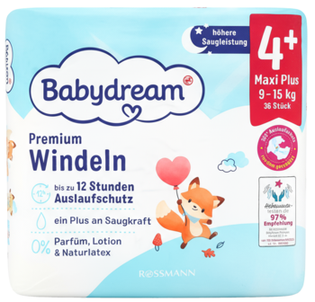 Pieluszki Babydream Premium Windeln Maxi Plus 9-15 kg, 12h ochrona, 0% perfum, na jasnym tle.