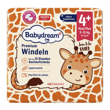 Pomarańczowe opakowanie pieluszek Babydream Premium Maxi Plus 9-15 kg z żyrafą, ochrona do 12h, bez zapachu.