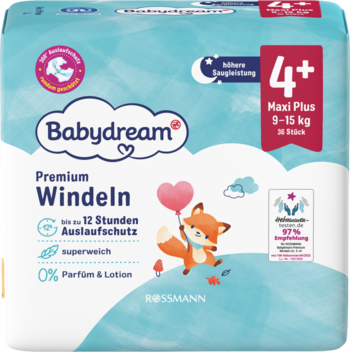 Pieluszki Babydream Premium 4+ Maxi Plus (9-15kg), niebiesko-białe, z liskiem, do 12h ochrony, przód.