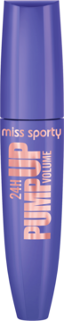 Fioletowy tusz do rzęs Miss Sporty Pump Up 24H Volume, widok z przodu. Cylindryczna butelka z różowo-złotym napisem.