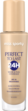 Miss Sporty Perfect to Last 24H, matujący podkład 10 Ivory w beżowej szklanej butelce z SPF 20, widok z przodu.