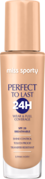 Matujący podkład Miss Sporty Perfect to Last 24H SPF20 w jasnobeżowej butelce z pompką, widok z przodu.