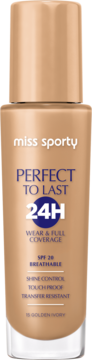 Miss Sporty Perfect to Last 24H podkład, beżowa butelka, z napisem i filtrem SPF 20, widok z przodu.