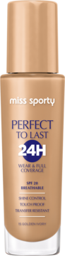 Miss Sporty Perfect to Last 24H podkład, beżowa butelka, z napisem i filtrem SPF 20, widok z przodu.