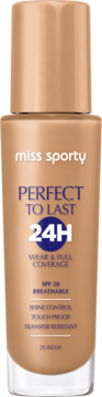 Miss Sporty Perfect to Last 24H podkład w beżowej butelce z brązowym dozownikiem, z przodu, SPF 20, pełne krycie.