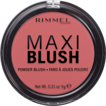 Rimmel Maxi Blush pudrowy róż do policzków, odcień Wild Card, w czarnym, okrągłym opakowaniu z różową zawartością, widok z góry.