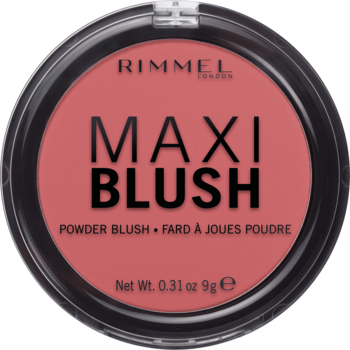 Rimmel Maxi Blush pudrowy róż do policzków, odcień Wild Card, w czarnym, okrągłym opakowaniu z różową zawartością, widok z góry.