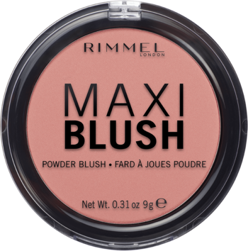 Rimmel Maxi Blush w okrągłym, czarnym kompakcie, widok z góry. Puder w odcieniu brzoskwiniowego różu.