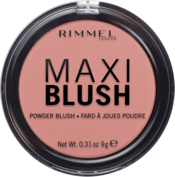 Rimmel Maxi Blush w okrągłym, czarnym kompakcie, widok z góry. Puder w odcieniu brzoskwiniowego różu.