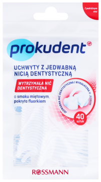 PROKUDENT ,uchwyty z jedwabną nicią dentystyczną i wykałaczką,przód