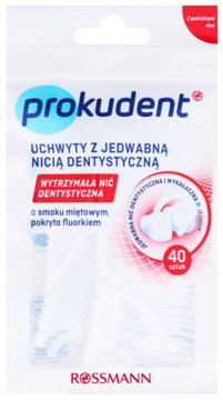 Prokudent uchwyty z jedwabną nicią dentystyczną miętową z fluorem, 40 sztuk, w białym opakowaniu.