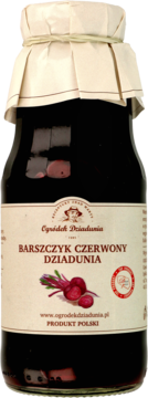 Szklana butelka koncentratu barszczu czerwonego Dziadunia, z beżową etykietą i papierowym kapturkiem.